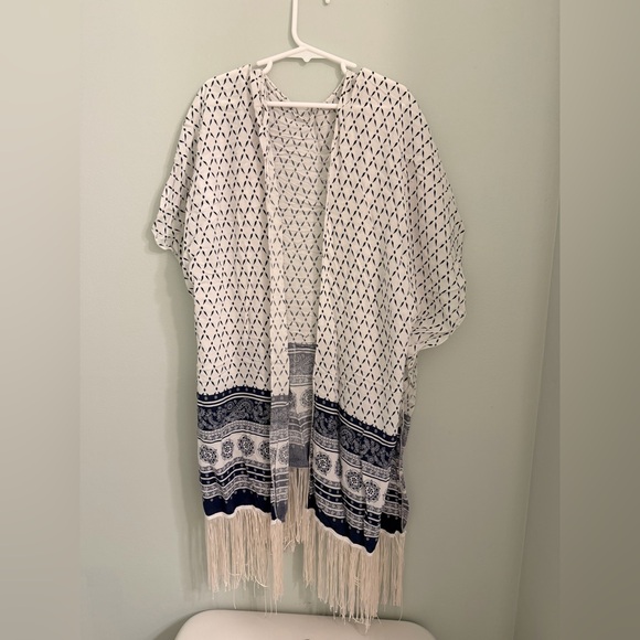 Jackets & Blazers - White and Navy Fringed Boho Throw Cover